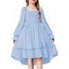 Arshiner Girls Dresses Puff Long Sleeve Fall Winter Smocked High Low Swing Midi Dress with Pockets(Light Blue)