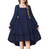 Arshiner Girls Dresses Puff Long Sleeve Fall Winter Smocked High Low Swing Midi Dress with Pockets(Navy Blue)