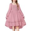 Arshiner Girls Dresses Puff Long Sleeve Fall Winter Smocked High Low Swing Midi Dress with Pockets(Pink)