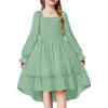 Arshiner Girls Dresses Puff Long Sleeve Fall Winter Smocked High Low Swing Midi Dress with Pockets(Sage Green)