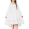 Arshiner Girls Dresses Puff Long Sleeve Fall Winter Smocked High Low Swing Midi Dress with Pockets(White)