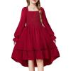 Arshiner Girls Dresses Puff Long Sleeve Fall Winter Smocked High Low Swing Midi Dress with Pockets(Wine Red)