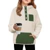 Arshiner Girls Fleece Pullover Hooded Sweatshirt Colorblock Sherpa Hoodie for Teen Girl Winter Button Jacket Coat with Pocket(Beige Army Green)