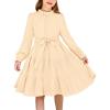 Arshiner Girls Long Sleeve Dress Tween Fall Formal Party Holiday Midi Tiered Flowy Swing Dresses with Belt 5-13 Y(Beige)
