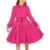 Arshiner Girls Long Sleeve Dress Tween Fall Formal Party Holiday Midi Tiered Flowy Swing Dresses with Belt 5-13 Y(Hot Pink)