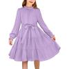 Arshiner Girls Long Sleeve Dress Tween Fall Formal Party Holiday Midi Tiered Flowy Swing Dresses with Belt 5-13 Y(Lavender)