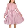 Arshiner Girls Long Sleeve Dress Tween Fall Formal Party Holiday Midi Tiered Flowy Swing Dresses with Belt 5-13 Y(Pink)
