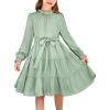 Arshiner Girls Long Sleeve Dress Tween Fall Formal Party Holiday Midi Tiered Flowy Swing Dresses with Belt 5-13 Y(Sage Green)