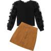 Arshiner Girl’s Skirt Sets Casual Fall Outfits Corduroy Skirt and Long Sleeve Rib Knit Shirt Tops Trendy 2 Piece Clothes(Black&corduroy Brown)