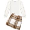 Arshiner Girl’s Skirt Sets Casual Fall Outfits Corduroy Skirt and Long Sleeve Rib Knit Shirt Tops Trendy 2 Piece Clothes(Brown&beige)