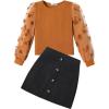 Arshiner Girl’s Skirt Sets Casual Fall Outfits Corduroy Skirt and Long Sleeve Rib Knit Shirt Tops Trendy 2 Piece Clothes(Caramel&black)