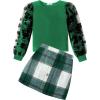 Arshiner Girl’s Skirt Sets Casual Fall Outfits Corduroy Skirt and Long Sleeve Rib Knit Shirt Tops Trendy 2 Piece Clothes(Green Plaid)