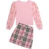 Arshiner Girl’s Skirt Sets Casual Fall Outfits Corduroy Skirt and Long Sleeve Rib Knit Shirt Tops Trendy 2 Piece Clothes(Pink&pink Black)