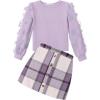 Arshiner Girl’s Skirt Sets Casual Fall Outfits Corduroy Skirt and Long Sleeve Rib Knit Shirt Tops Trendy 2 Piece Clothes(Purple Plaid)