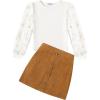 Arshiner Girl’s Skirt Sets Casual Fall Outfits Corduroy Skirt and Long Sleeve Rib Knit Shirt Tops Trendy 2 Piece Clothes(White&brown)