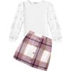 Arshiner Girl’s Skirt Sets Casual Fall Outfits Corduroy Skirt and Long Sleeve Rib Knit Shirt Tops Trendy 2 Piece Clothes(White&pink Plaid)