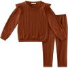 Arshiner Toddler Girl 2Pcs Ribbed Knit Clothes Ruffle Trim Long-sleeve Pullover Sweatshirt and Leggings Fall Outfits 1-6T(Caramel)