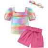 Arshiner Toddler Girls 3 Piece Outfit Set Puff Sleeve Square Neck Top with Shorts and Matching Headband Summer Clothes 2T-8Y(Color)