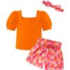 Arshiner Toddler Girls 3 Piece Outfit Set Puff Sleeve Square Neck Top with Shorts and Matching Headband Summer Clothes 2T-8Y(Orange)