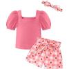 Arshiner Toddler Girls 3 Piece Outfit Set Puff Sleeve Square Neck Top with Shorts and Matching Headband Summer Clothes 2T-8Y(Pink Plaid)