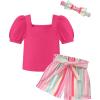 Arshiner Toddler Girls 3 Piece Outfit Set Puff Sleeve Square Neck Top with Shorts and Matching Headband Summer Clothes 2T-8Y(Pink Stripe)