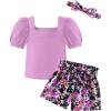 Arshiner Toddler Girls 3 Piece Outfit Set Puff Sleeve Square Neck Top with Shorts and Matching Headband Summer Clothes 2T-8Y(Purple)