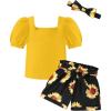 Arshiner Toddler Girls 3 Piece Outfit Set Puff Sleeve Square Neck Top with Shorts and Matching Headband Summer Clothes 2T-8Y(Sunflower)