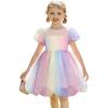 Arshiner Toddler Girls Dress Contrast Mesh Puff Short Sleeve Flowy Bubble Hem Organza Casual Party Dresses Size 2-6(Pastel Rainbow)