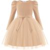 Arshiner Toddler Girls Tutu Dress Gigot Long Sleeves Fall Winter Belted Princess Party Tulle Dresses 3-8Y(Beige)