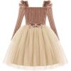 Arshiner Toddler Girls Velvet Dresses Square Neck Fall Winter Long Sleeves Dress for Holiday Party 3-8Y(Champagne)