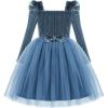 Arshiner Toddler Girls Velvet Dresses Square Neck Fall Winter Long Sleeves Dress for Holiday Party 3-8Y(Dusty Blue)