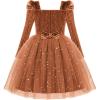 Arshiner Toddler Girls Velvet Dresses Square Neck Fall Winter Long Sleeves Dress for Holiday Party 3-8Y(Light Brown)