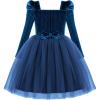 Arshiner Toddler Girls Velvet Dresses Square Neck Fall Winter Long Sleeves Dress for Holiday Party 3-8Y(Navy Blue)