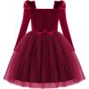 Arshiner Toddler Girls Velvet Dresses Square Neck Fall Winter Long Sleeves Dress for Holiday Party 3-8Y(Wine Red)