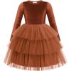 Arshiner Toddler Velvet Dress Girls Tulle Tutu Fall Winter Long Sleeve Tiered Holiday Party Dresses 2-8Y(Caramel)