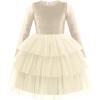 Arshiner Toddler Velvet Dress Girls Tulle Tutu Fall Winter Long Sleeve Tiered Holiday Party Dresses 2-8Y(Champagne)
