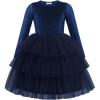 Arshiner Toddler Velvet Dress Girls Tulle Tutu Fall Winter Long Sleeve Tiered Holiday Party Dresses 2-8Y(Navy Blue)