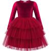 Arshiner Toddler Velvet Dress Girls Tulle Tutu Fall Winter Long Sleeve Tiered Holiday Party Dresses 2-8Y(Red)