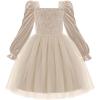 Arshiner Toddler Velvet Tutu Dress Tulle Puff Long Sleeve Square Neck Smocked Fall Winter Formal Party Birthday Dresses(Beige)