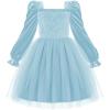Arshiner Toddler Velvet Tutu Dress Tulle Puff Long Sleeve Square Neck Smocked Fall Winter Formal Party Birthday Dresses(Blue)