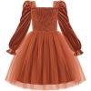 Arshiner Toddler Velvet Tutu Dress Tulle Puff Long Sleeve Square Neck Smocked Fall Winter Formal Party Birthday Dresses(Brown)