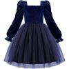 Arshiner Toddler Velvet Tutu Dress Tulle Puff Long Sleeve Square Neck Smocked Fall Winter Formal Party Birthday Dresses(Navy Blue)