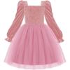Arshiner Toddler Velvet Tutu Dress Tulle Puff Long Sleeve Square Neck Smocked Fall Winter Formal Party Birthday Dresses(Pink)