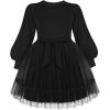 Arshiner Tulle Dress Toddler Girls Puff Long Lantern Sleeves Fall Winter Tutu Party Dresses with Tie Belt 3-8Y(Black)