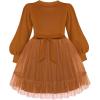 Arshiner Tulle Dress Toddler Girls Puff Long Lantern Sleeves Fall Winter Tutu Party Dresses with Tie Belt 3-8Y(Brown)