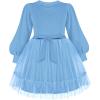 Arshiner Tulle Dress Toddler Girls Puff Long Lantern Sleeves Fall Winter Tutu Party Dresses with Tie Belt 3-8Y(Light Blue)