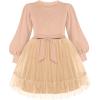 Arshiner Tulle Dress Toddler Girls Puff Long Lantern Sleeves Fall Winter Tutu Party Dresses with Tie Belt 3-8Y(Light Brown)