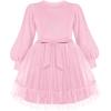 Arshiner Tulle Dress Toddler Girls Puff Long Lantern Sleeves Fall Winter Tutu Party Dresses with Tie Belt 3-8Y(Light Pink)