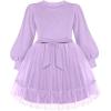 Arshiner Tulle Dress Toddler Girls Puff Long Lantern Sleeves Fall Winter Tutu Party Dresses with Tie Belt 3-8Y(Lilac)
