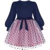 Arshiner Tulle Dress Toddler Girls Puff Long Lantern Sleeves Fall Winter Tutu Party Dresses with Tie Belt 3-8Y(Navy/Black Dot)